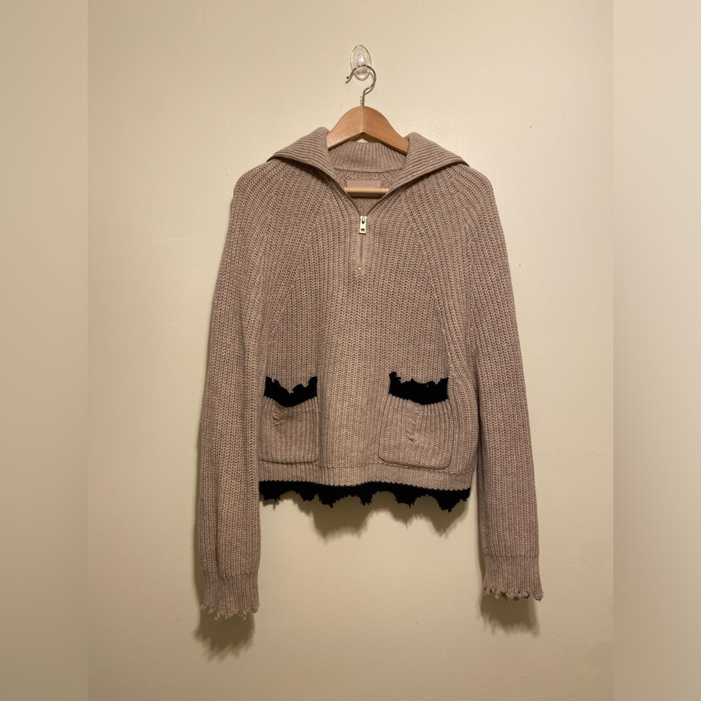 Zadig & Voltaire Weol Yak Blend Taupe Half-Zip Sweater with Black Trim. Size S